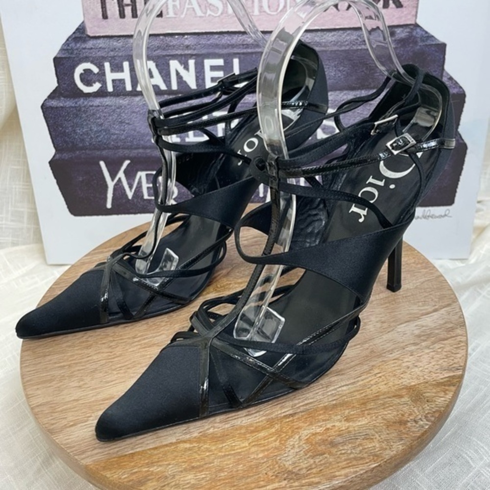 DIOR by JOHN GALLIANO Black Leather& Satin Multistrap Pointed Toe Heels - Picture 1 of 16